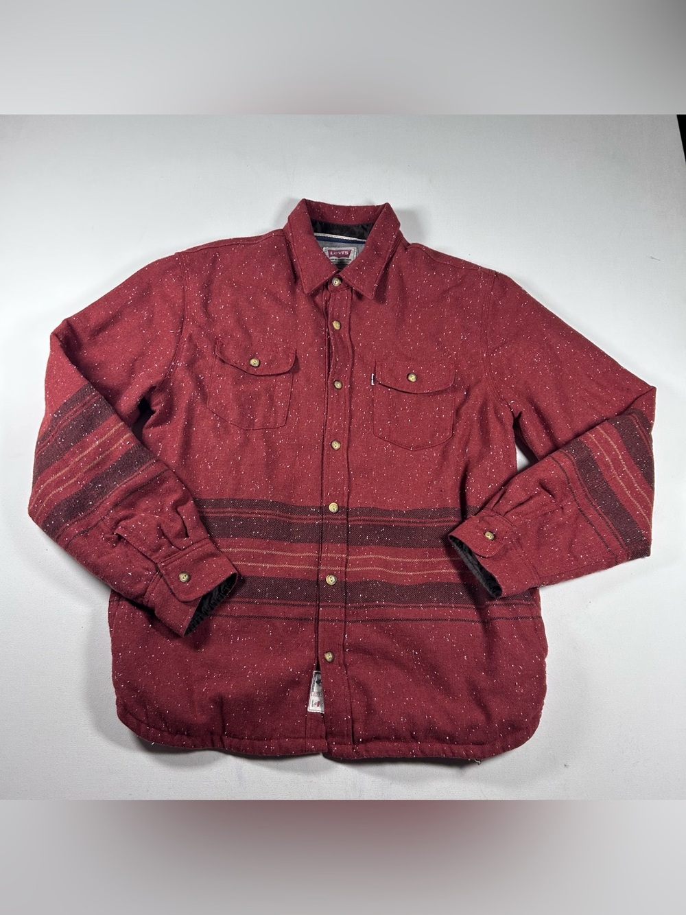 Levis Shirt Jacket Mens Large Ruby Red Wool Blend Lined Western Stripe Shacket